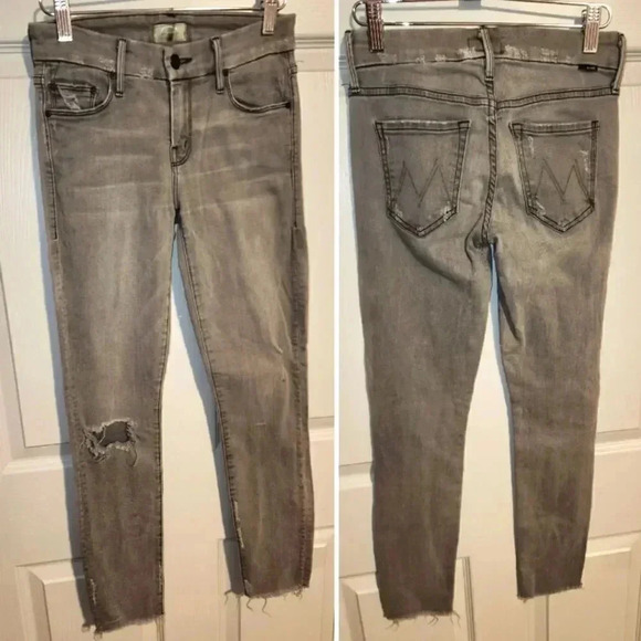MOTHER Looker Ankle Fray Skinny Stretch Gray Denim Jeans Distressed 25 or 26 - Picture 2 of 11